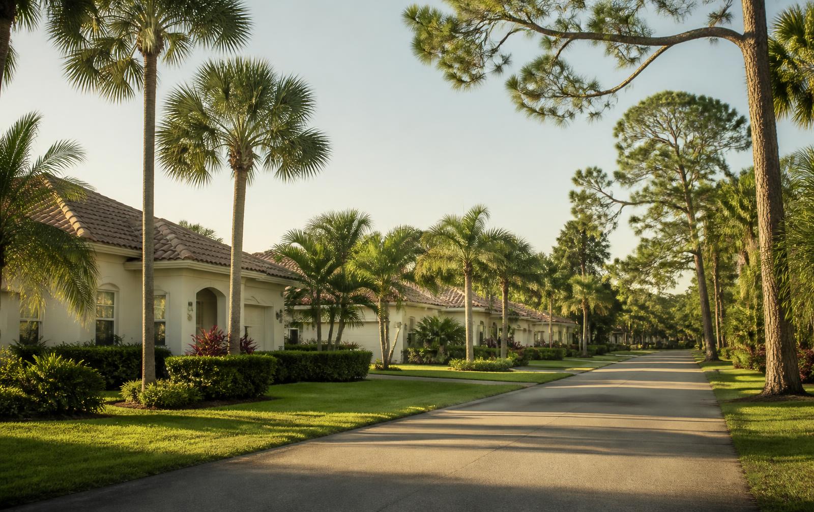 Quiet residential street with tile-roof homes, cabbage palms and pines in flat Southwest Florida terrain