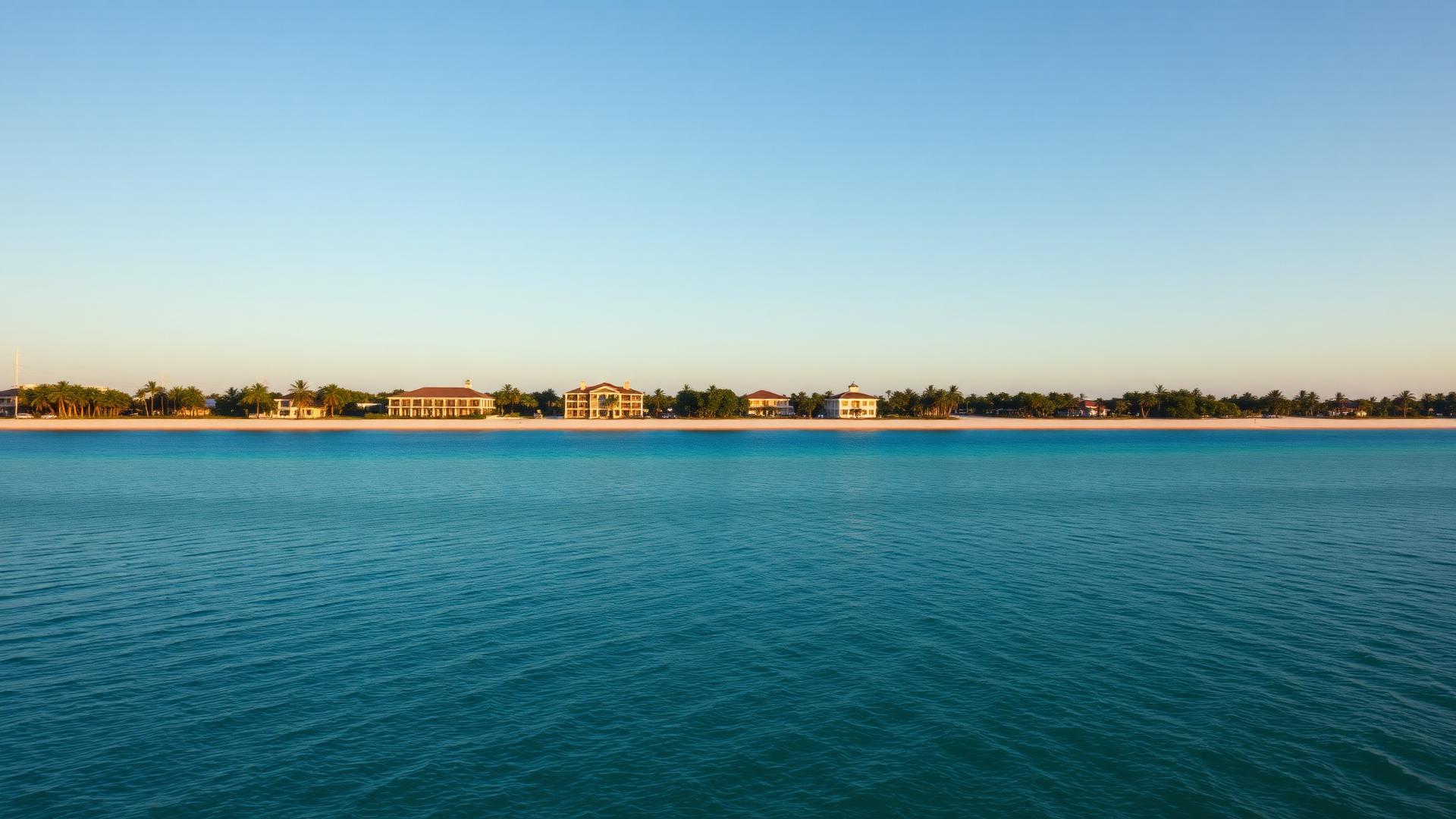 Calm Gulf water and low coastal vegetation along a Southwest Florida shoreline at golden hour