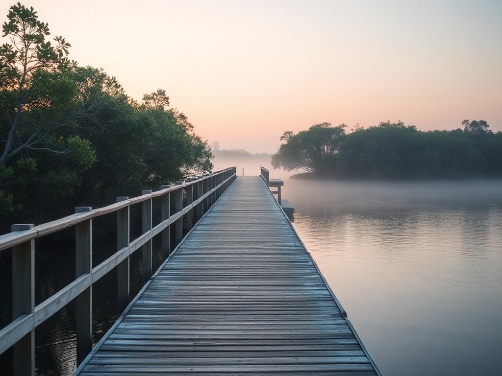 Pasarela costera tranquila sobre aguas calmadas al amanecer