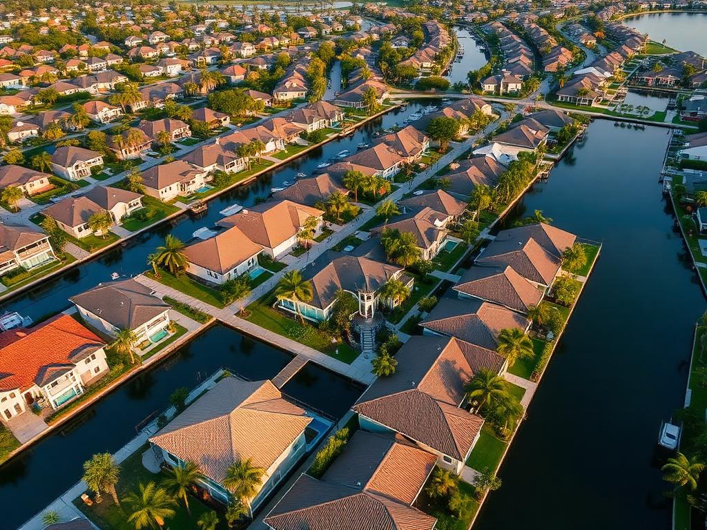 Aerial view of a Southwest Florida waterfront residential area